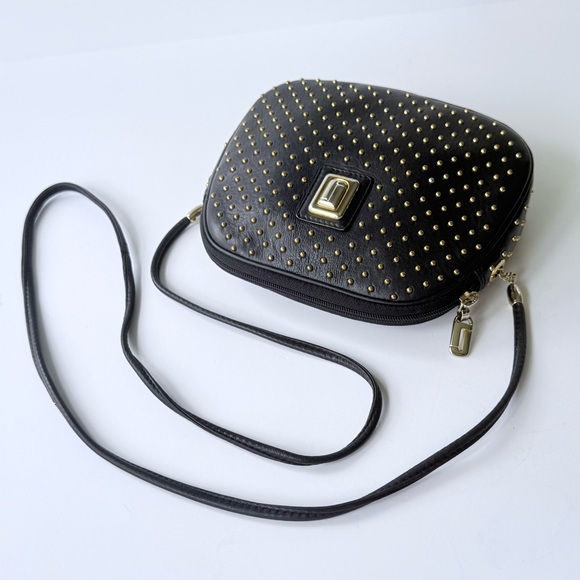 Vintage Judith Leiber Black Leather Gold Studded Red Lined Crossbody Bag Spain - Picture 2 of 16